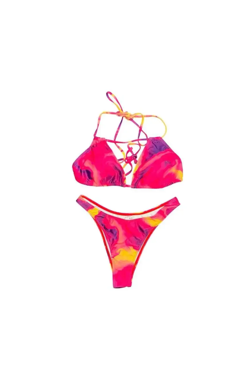 Four-Piece Colorful Swimwear Set with Shrug, Bikini Top, and Ruched Skirt